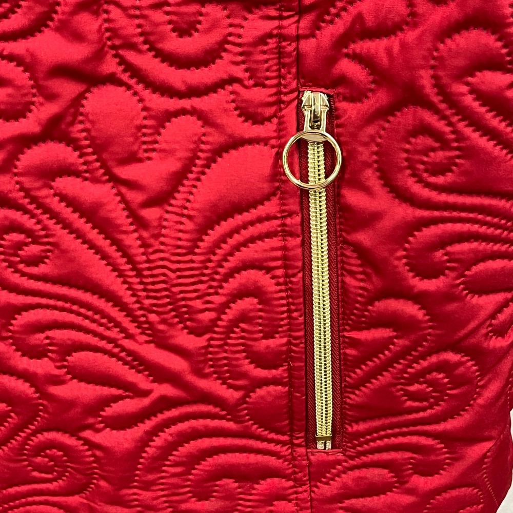 Black Rivet Puffer Vest Women Large Red Swirl Quilted Gold Zip Layering Chic - Picture 5 of 8